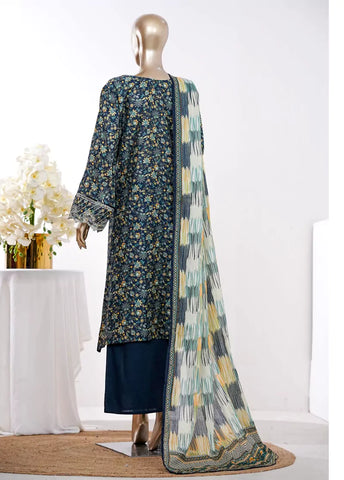 3 Piece Navy Blue Color Embroidered Lawn Shirt with Bell Bottom Trouser & Dupatta