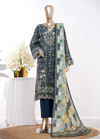 3 Piece Navy Blue Color Embroidered Lawn Shirt with Bell Bottom Trouser & Dupatta