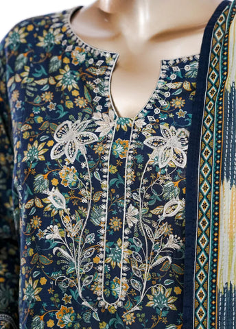3 Piece Navy Blue Color Embroidered Lawn Shirt with Bell Bottom Trouser & Dupatta