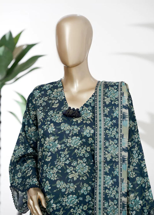 3 Piece Printed Stitched Blue Color Lawn Shirt with Trouser & Dupatta
