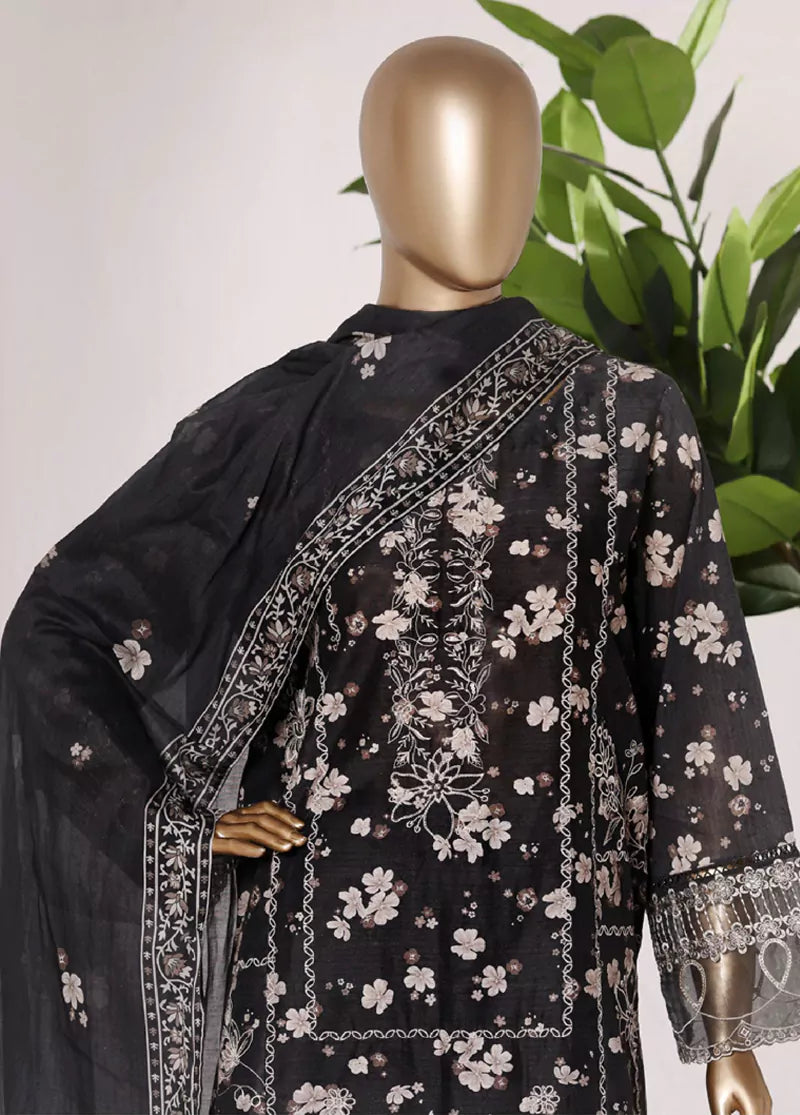 3 Piece Black Color Embroidered Lawn Shirt with Trouser & Dupatta