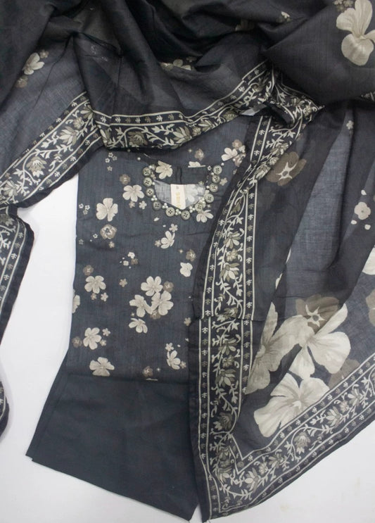 3 Piece Printed Stitched Charcoal Black Color Lawn Shirt with Trouser & Dupatta