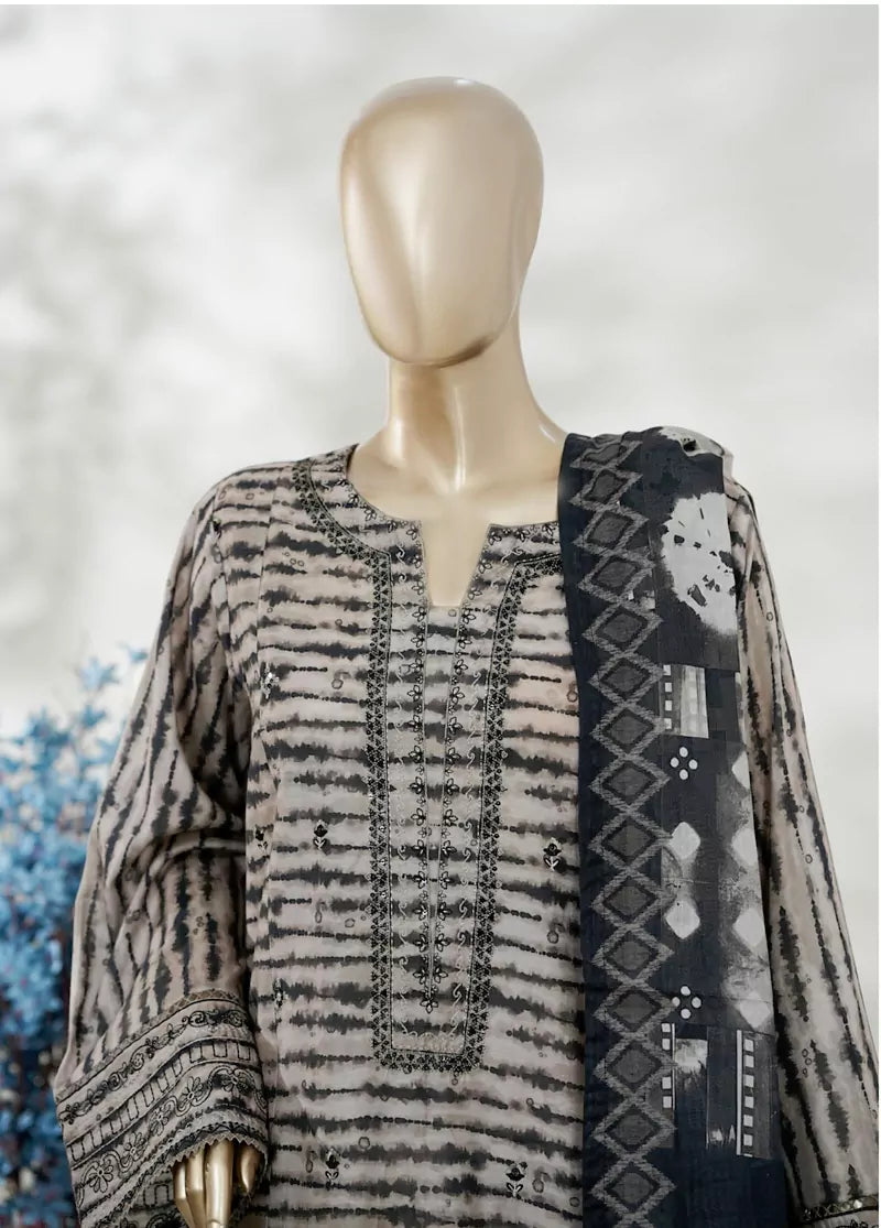 3 Piece Beige & Black Color Embroidered Lawn Shirt with Trouser & Dupatta