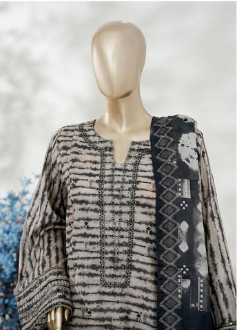 3 Piece Beige & Black Color Embroidered Lawn Shirt with Trouser & Dupatta