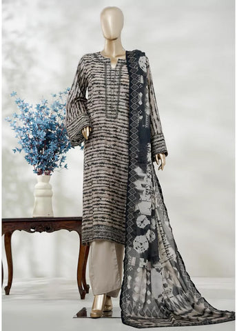 3 Piece Beige & Black Color Embroidered Lawn Shirt with Trouser & Dupatta