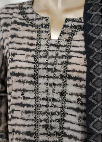 3 Piece Beige & Black Color Embroidered Lawn Shirt with Trouser & Dupatta