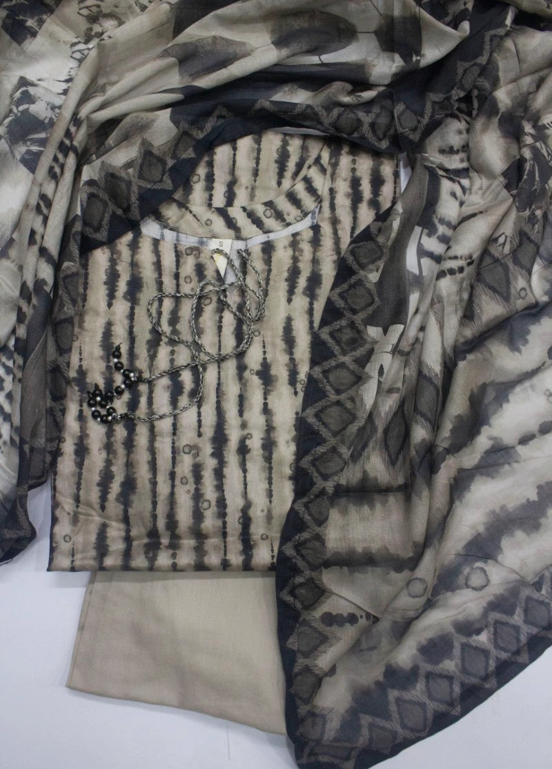 3 Piece Printed Stitched Beige & Black Color Lawn Shirt with Trouser & Dupatta