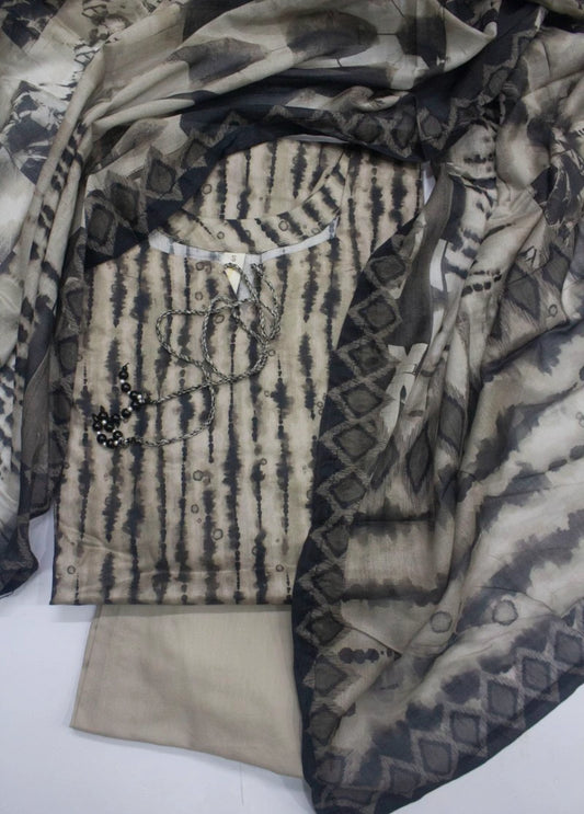 3 Piece Printed Stitched Beige & Black Color Lawn Shirt with Trouser & Dupatta