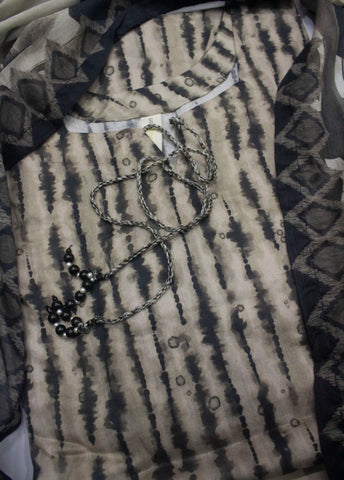 3 Piece Printed Stitched Beige & Black Color Lawn Shirt with Trouser & Dupatta