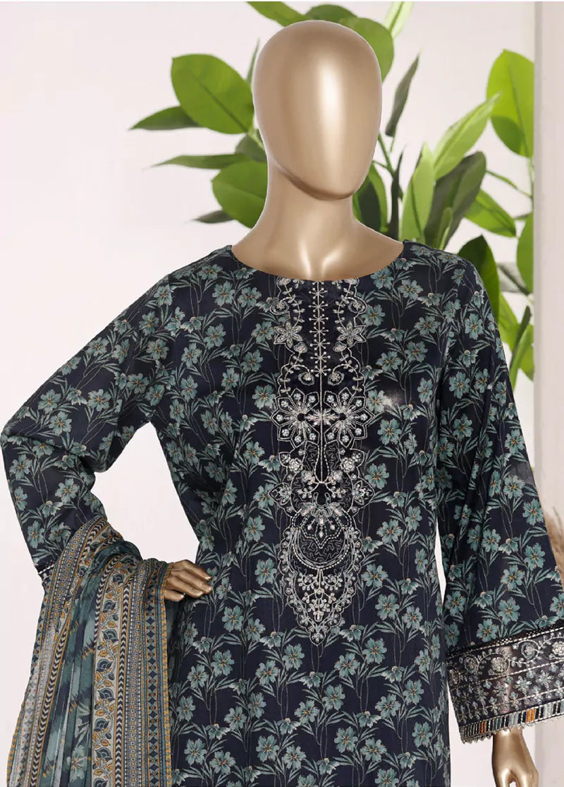 3 Piece Blue Color Embroidered Lawn Shirt with Trouser & Dupatta