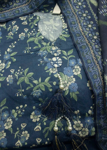 3 Piece Printed Stitched Navy Blue Color Lawn Shirt with Trouser & Dupatta
