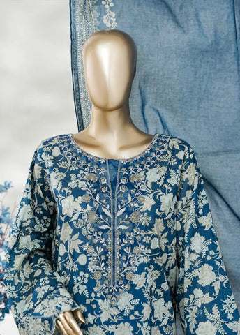 3 Piece Blue Color Embroidered Lawn Shirt with Bell Bottom Trouser & Dupatta