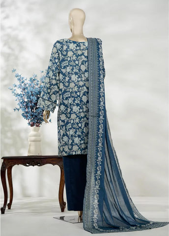 3 Piece Blue Color Embroidered Lawn Shirt with Bell Bottom Trouser & Dupatta