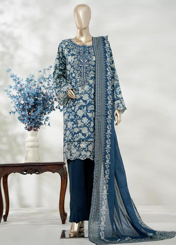 3 Piece Blue Color Embroidered Lawn Shirt with Bell Bottom Trouser & Dupatta