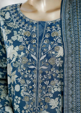 3 Piece Blue Color Embroidered Lawn Shirt with Bell Bottom Trouser & Dupatta