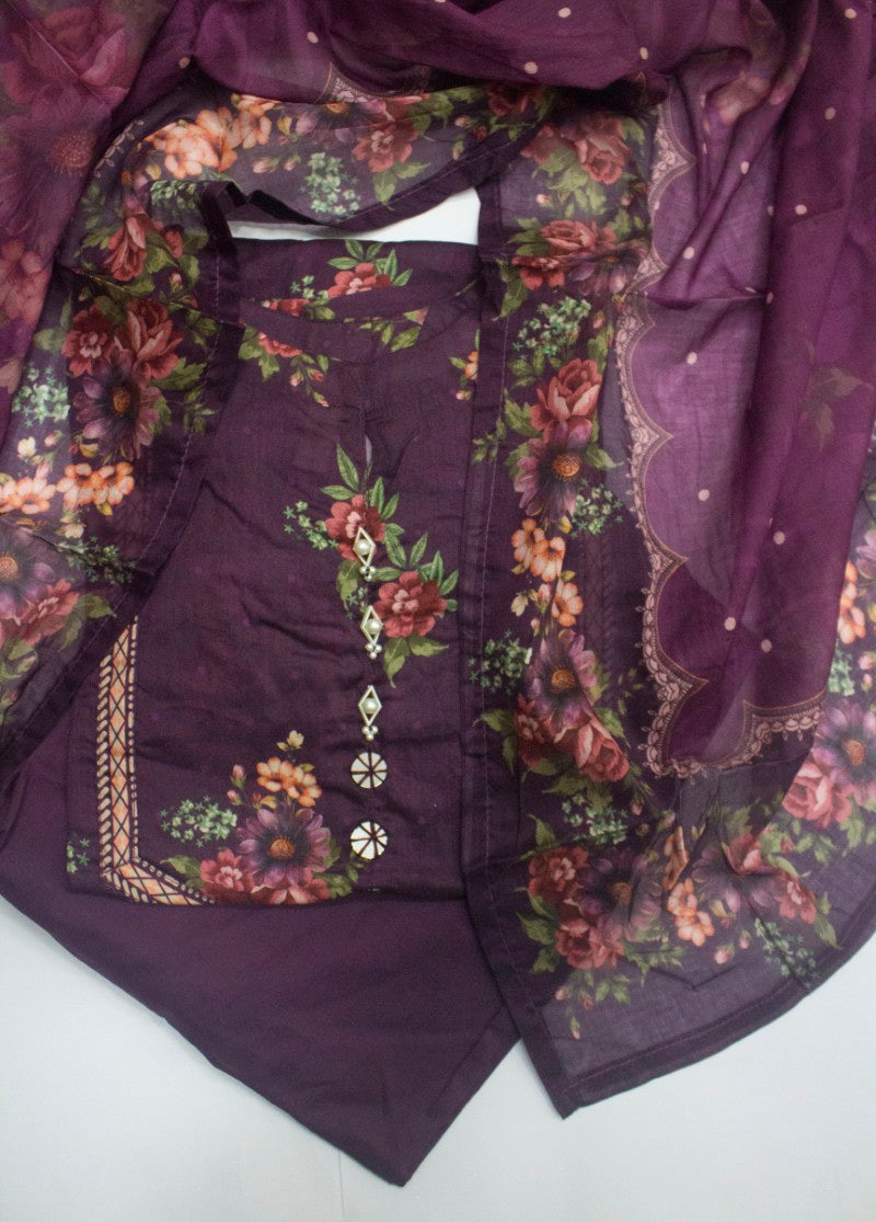 3 Piece Printed Stitched Plum Color Lawn Shirt with Trouser & Dupatta