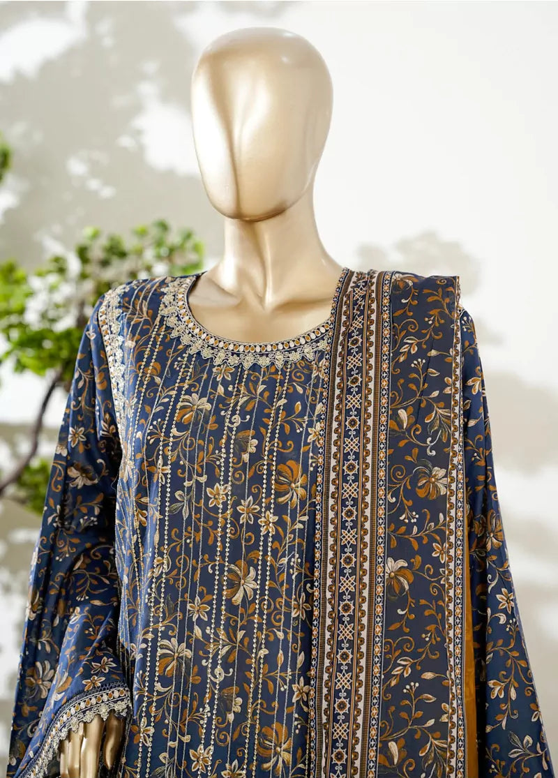 3 Piece Navy Blue Color Embroidered Lawn Shirt with Bell Bottom Trouser & Dupatta