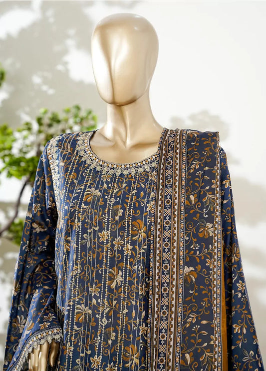 3 Piece Navy Blue Color Embroidered Lawn Shirt with Bell Bottom Trouser & Dupatta