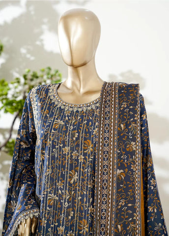 3 Piece Navy Blue Color Embroidered Lawn Shirt with Bell Bottom Trouser & Dupatta
