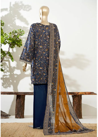 3 Piece Navy Blue Color Embroidered Lawn Shirt with Bell Bottom Trouser & Dupatta