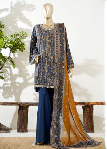 3 Piece Navy Blue Color Embroidered Lawn Shirt with Bell Bottom Trouser & Dupatta