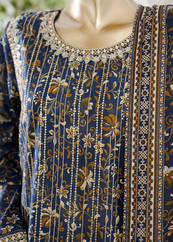 3 Piece Navy Blue Color Embroidered Lawn Shirt with Bell Bottom Trouser & Dupatta