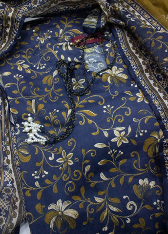 3 Piece Printed Stitched Ink Blue Color Lawn Shirt with Trouser & Dupatta