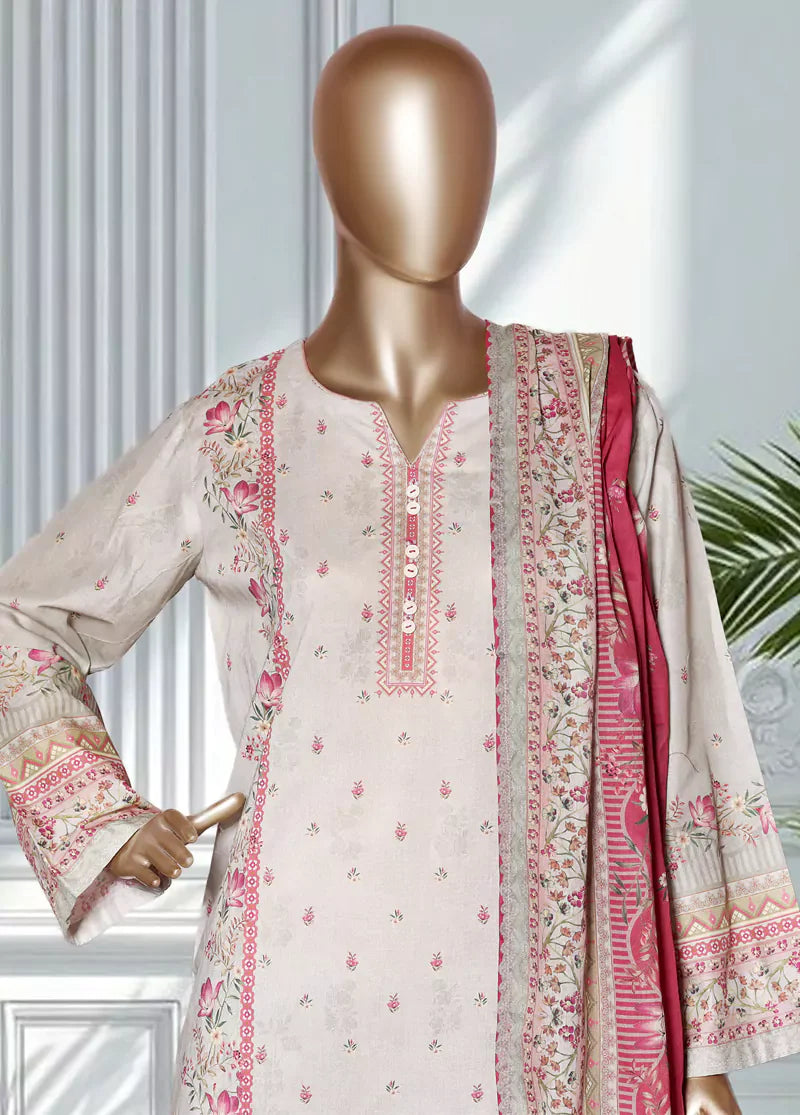 3 Piece Printed OffWhite & Pink Color Lawn Shirt with Trouser & Dupatta