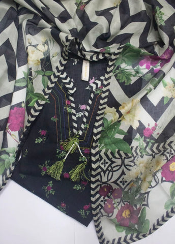 3 Piece Printed Stitched Black Color Lawn Shirt with Trouser & Dupatta