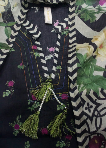 3 Piece Printed Stitched Black Color Lawn Shirt with Trouser & Dupatta