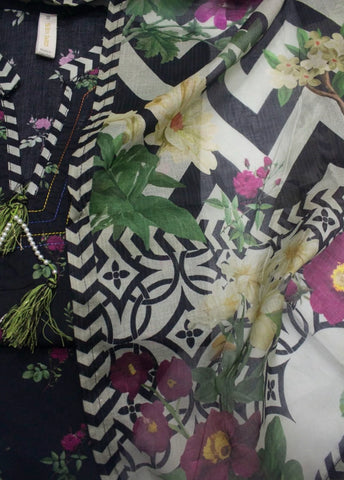 3 Piece Printed Stitched Black Color Lawn Shirt with Trouser & Dupatta