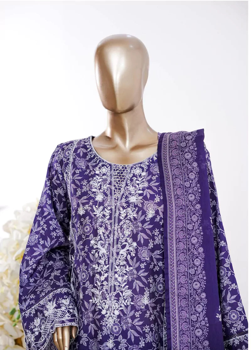 3 Piece Purple Color Embroidered Lawn Shirt with Bell Bottom Trouser & Dupatta