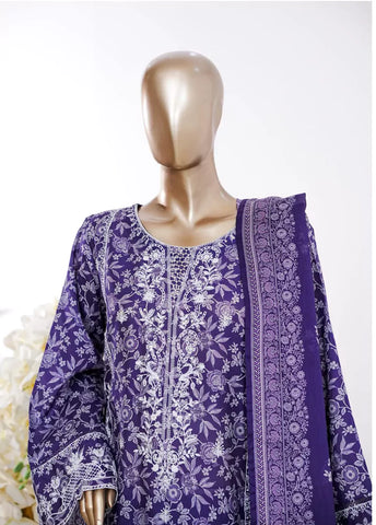 3 Piece Purple Color Embroidered Lawn Shirt with Bell Bottom Trouser & Dupatta