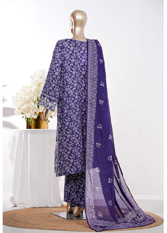 3 Piece Purple Color Embroidered Lawn Shirt with Bell Bottom Trouser & Dupatta