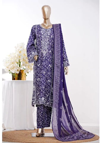 3 Piece Purple Color Embroidered Lawn Shirt with Bell Bottom Trouser & Dupatta