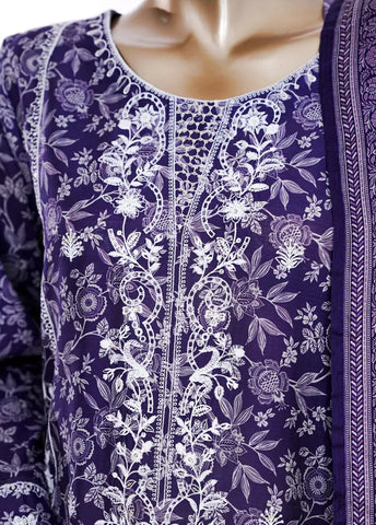 3 Piece Purple Color Embroidered Lawn Shirt with Bell Bottom Trouser & Dupatta