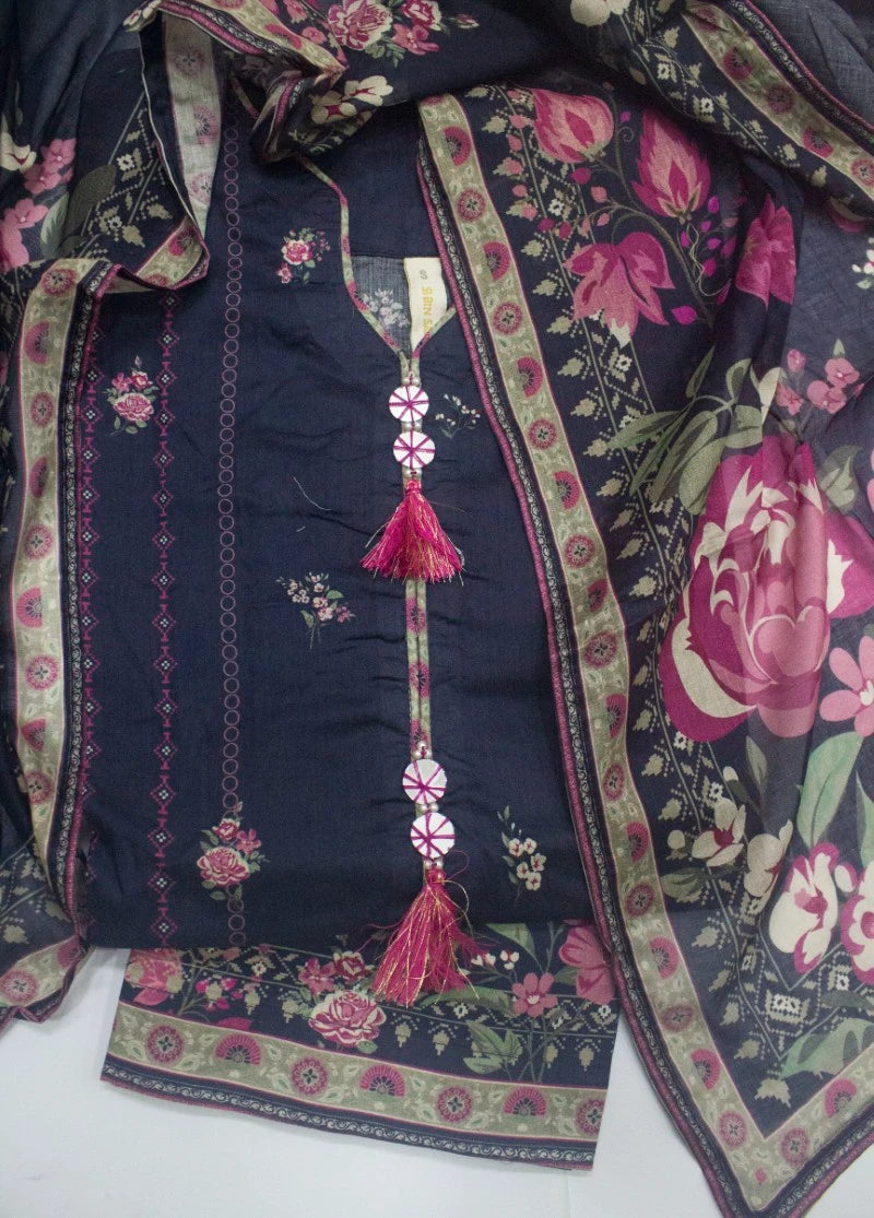 3 Piece Printed Stitched Navy Blue Color Lawn Shirt with Trouser & Dupatta