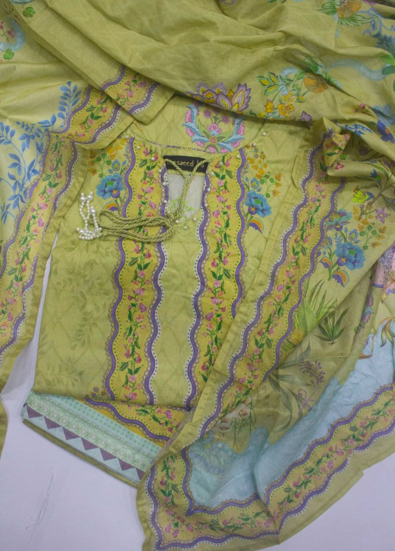 3 Piece Printed Stitched Lime Yellow Color Lawn Shirt with Trouser & Dupatta