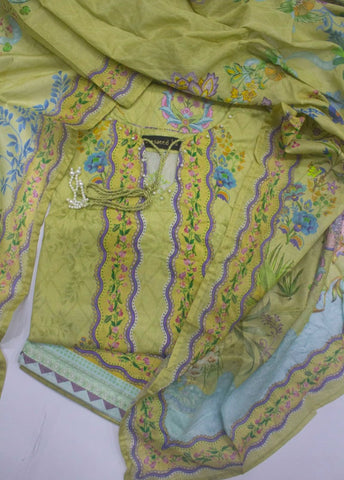 3 Piece Printed Stitched Lime Yellow Color Lawn Shirt with Trouser & Dupatta