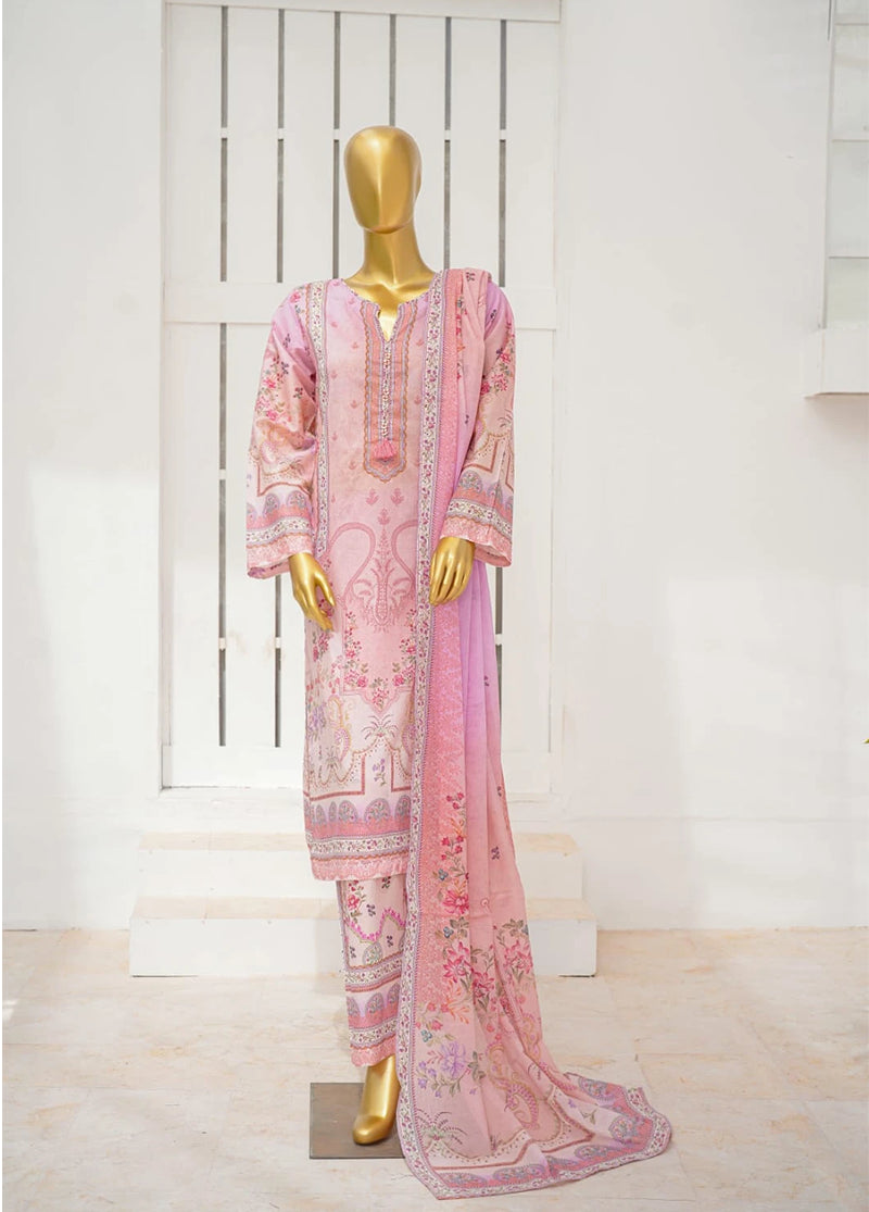 3 Piece Printed Stitched Pastel Pink Color Lawn Shirt with Trouser & Dupatta