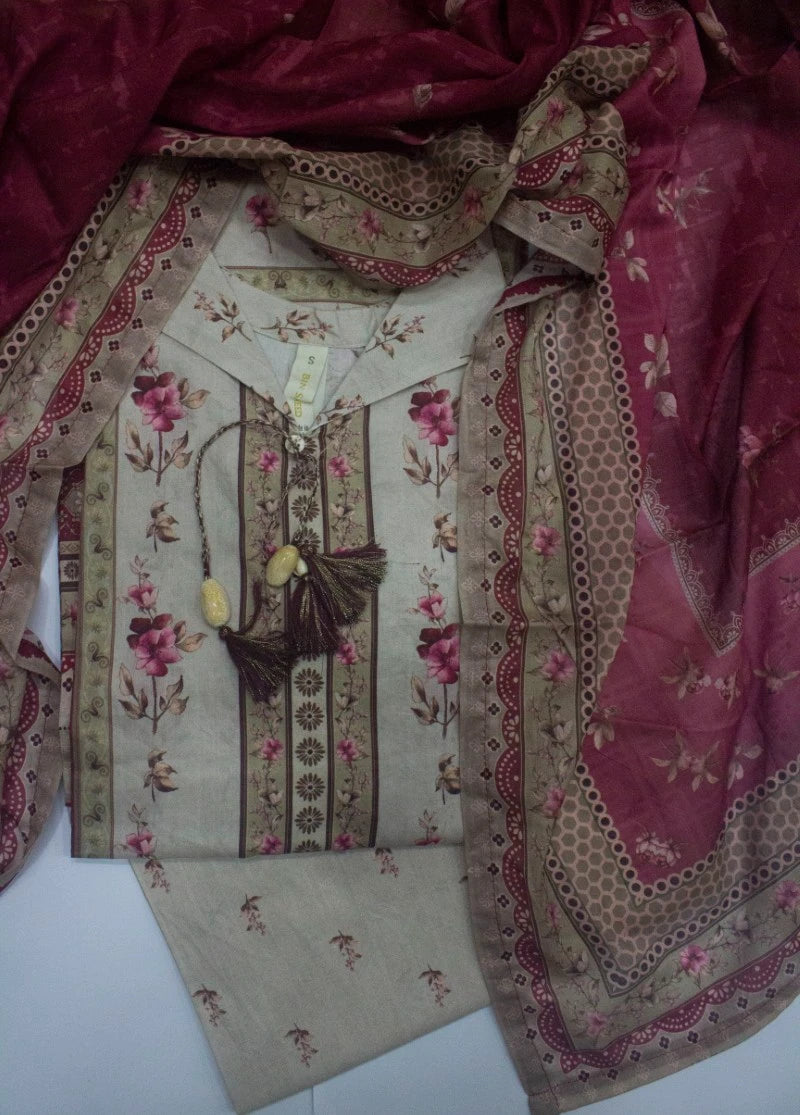 3 Piece Printed Stitched Beige Color Lawn Shirt with Trouser & Dupatta
