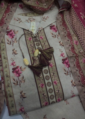 3 Piece Printed Stitched Beige Color Lawn Shirt with Trouser & Dupatta