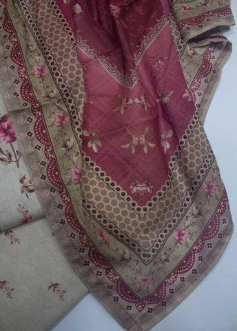 3 Piece Printed Stitched Beige Color Lawn Shirt with Trouser & Dupatta