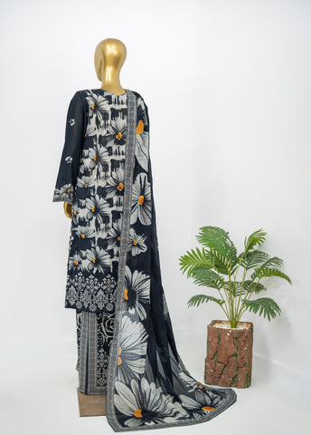 3 Piece Printed Stitched Black & White Color Lawn Shirt with Trouser & Dupatta