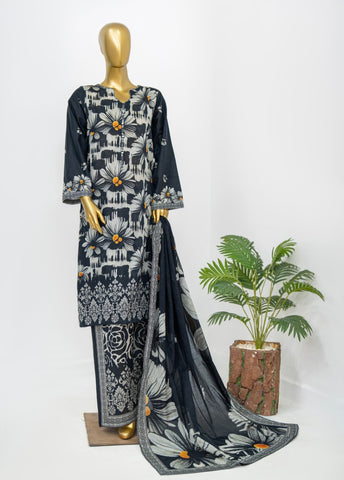 3 Piece Printed Stitched Black & White Color Lawn Shirt with Trouser & Dupatta