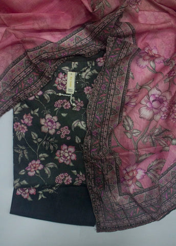 3 Piece Printed Stitched Black Color Lawn Shirt with Trouser & Dupatta