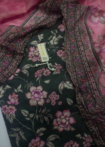 3 Piece Printed Stitched Black Color Lawn Shirt with Trouser & Dupatta