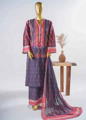 3 Piece Printed Stitched Purple Color Lawn Shirt with Trouser & Dupatta