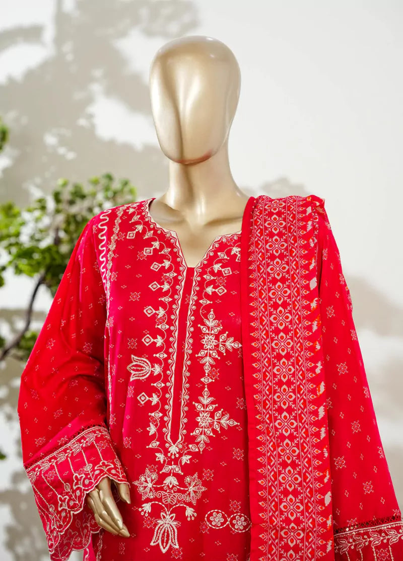 3 Piece Scarlet Red Color Embroidered Lawn Shirt with Bell Bottom Trouser & Dupatta