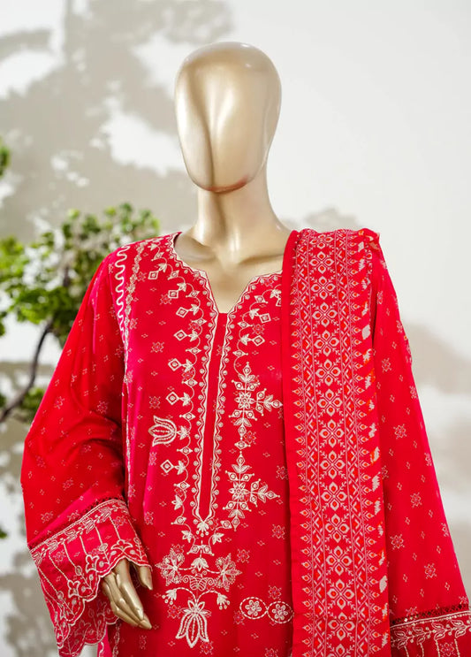 3 Piece Scarlet Red Color Embroidered Lawn Shirt with Bell Bottom Trouser & Dupatta